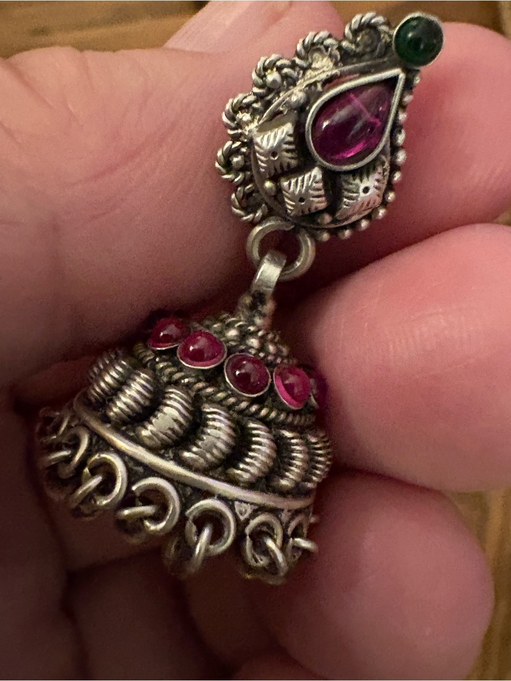 Vintage Handcrafted sterling silver and garnet Jhumka chandelier Earrings